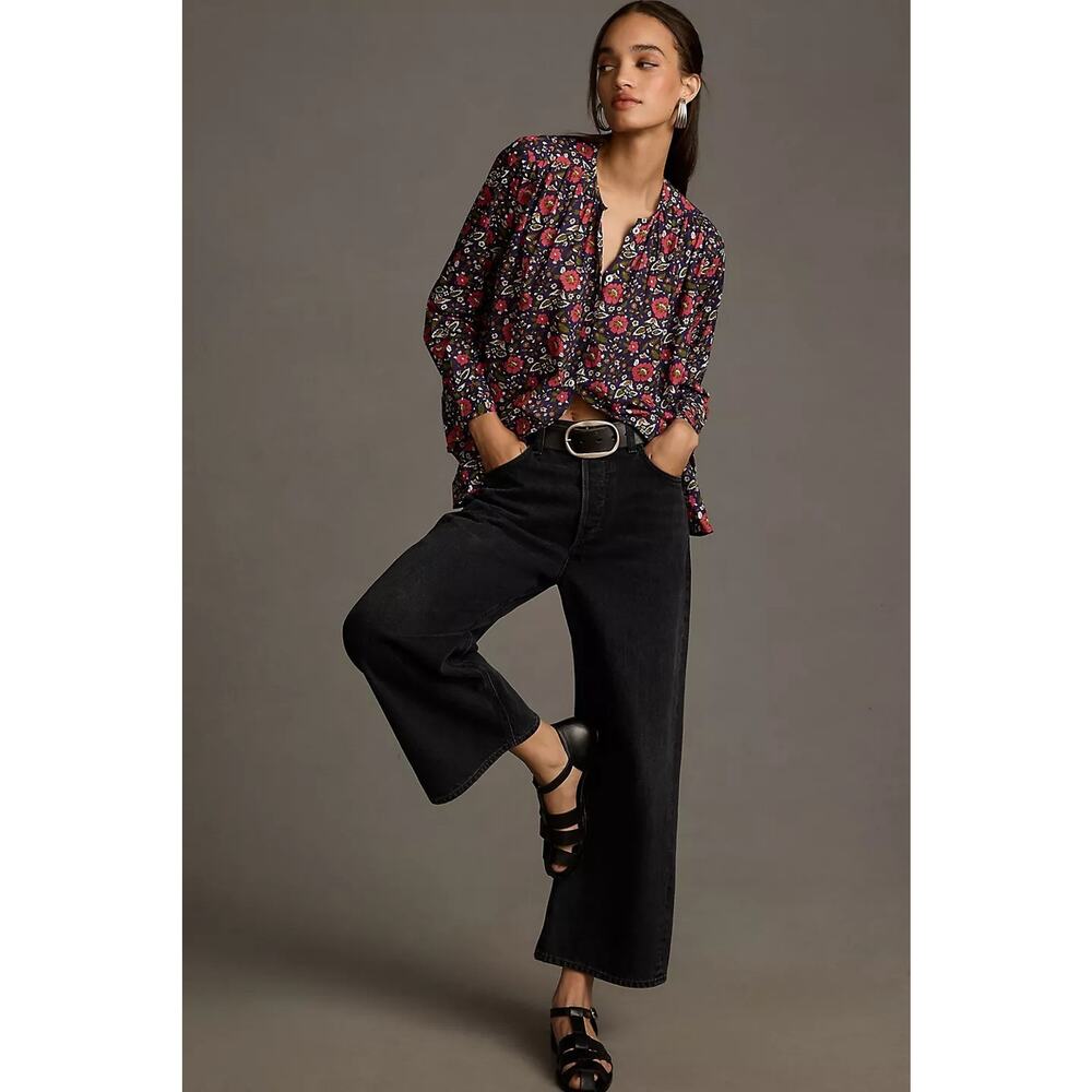 Floral Button-Down Blouse – Black with Pink Floral Print